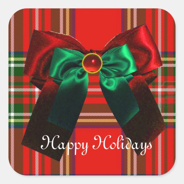 SCOTTISH TARTAN AND RED GREEN BOWS CHRISTMAS PARTY SQUARE STICKER (Front)