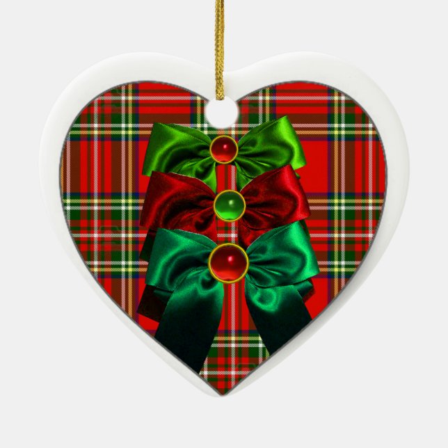 SCOTTISH TARTAN AND RED GREEN CHRISTMAS BOWS HEART CERAMIC ORNAMENT (Back)