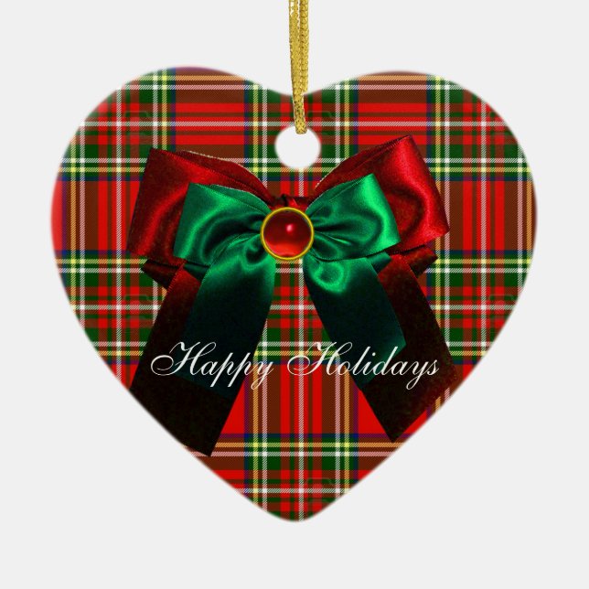 SCOTTISH TARTAN AND RED GREEN CHRISTMAS BOWS HEART CERAMIC ORNAMENT (Front)