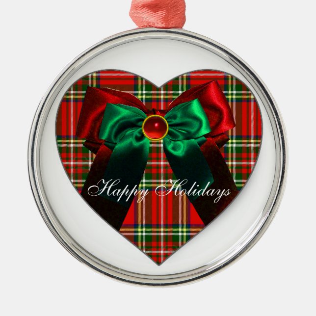 SCOTTISH TARTAN AND RED GREEN CHRISTMAS BOWS HEART METAL ORNAMENT (Front)