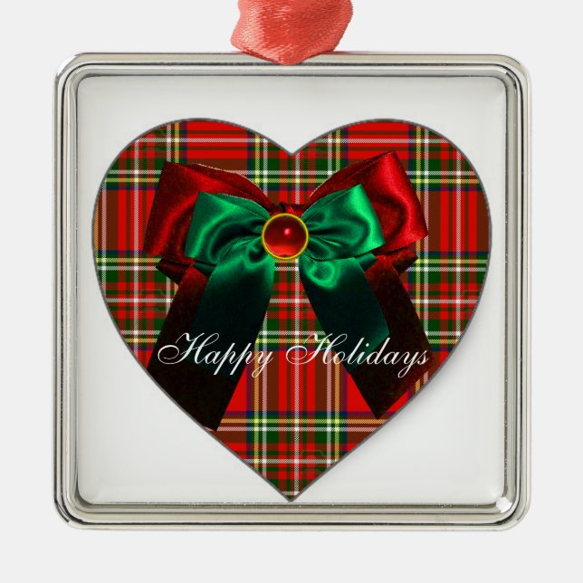 SCOTTISH TARTAN AND RED GREEN CHRISTMAS BOWS HEART METAL ORNAMENT (Front)