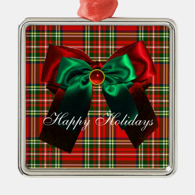 SCOTTISH TARTAN AND RED GREEN CHRISTMAS BOWS METAL ORNAMENT (Front)