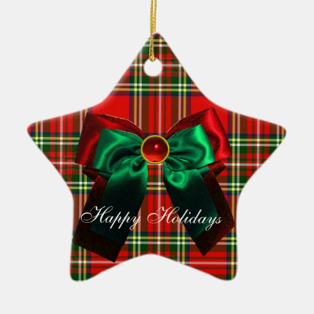 SCOTTISH TARTAN AND RED GREEN CHRISTMAS BOWS STAR CERAMIC TREE DECORATION (Front)