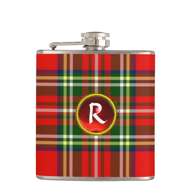 SCOTTISH TARTAN AND RED RUBY GEM STONE MONOGRAM HIP FLASK (Front)