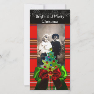 SCOTTISH TARTAN,CHRISTMAS TREE AND RED GREEN BOWS HOLIDAY CARD