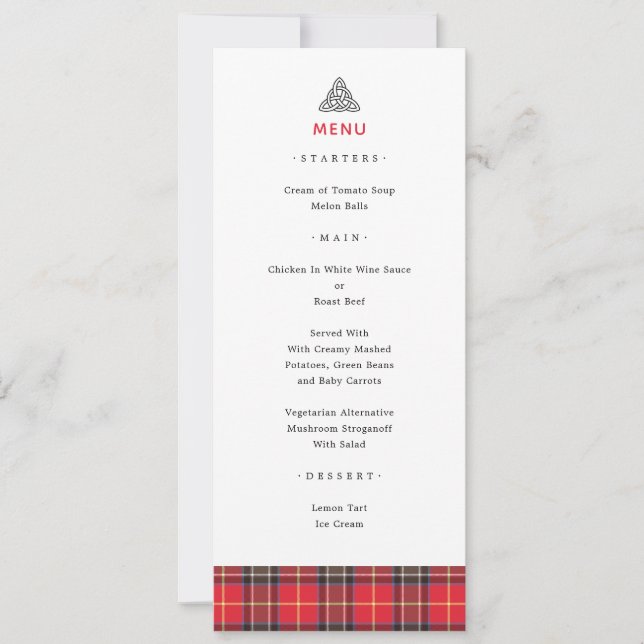 Scottish Tartan Plaid Celtic Knot Wedding Menu (Front)
