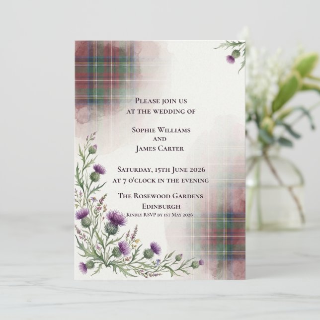 Scottish Tartan Plaid Thistle Traditional Wedding Invitation (Standing Front)