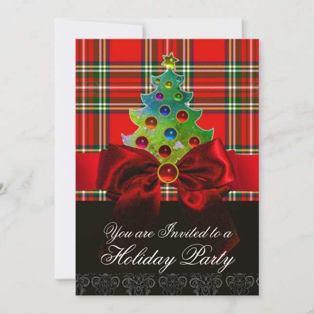 SCOTTISH TARTAN ,RED BOW AND CHRISTMAS TREE INVITATION (Front)