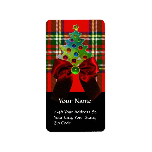 SCOTTISH TARTAN ,RED BOW AND CHRISTMAS TREE LABEL (Front)