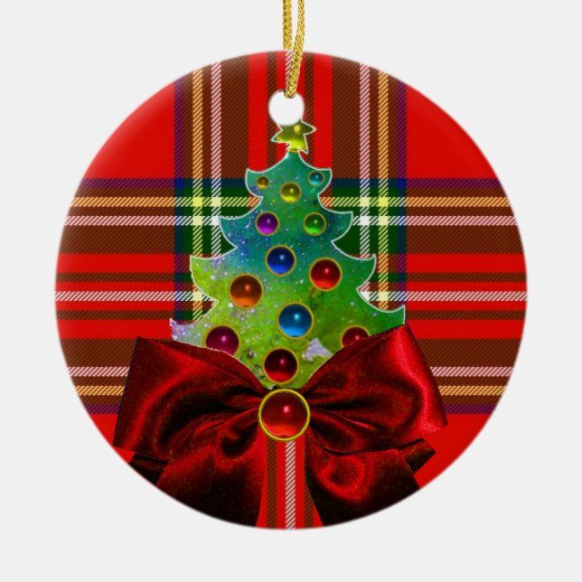 SCOTTISH TARTAN ,RED GREEN BOWS AND CHRISTMAS TREE CERAMIC TREE DECORATION (Front)