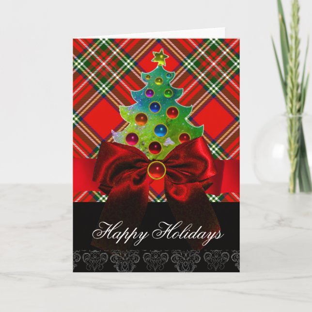 SCOTTISH TARTAN ,RED GREEN BOWS AND CHRISTMAS TREE HOLIDAY CARD (Front)