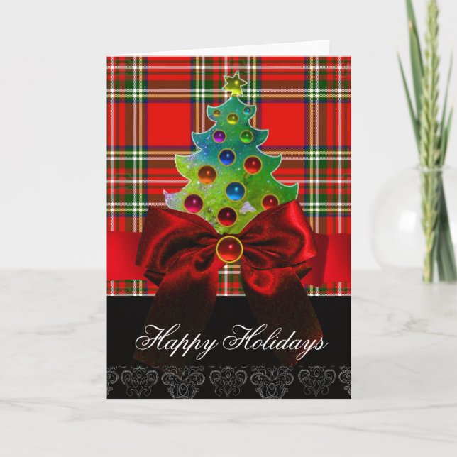 SCOTTISH TARTAN ,RED GREEN BOWS AND CHRISTMAS TREE HOLIDAY CARD (Front)