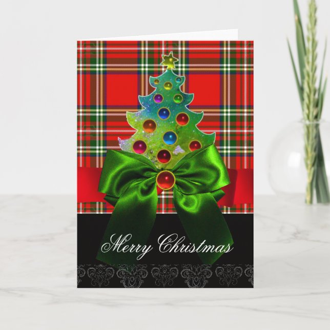 SCOTTISH TARTAN ,RED GREEN BOWS AND CHRISTMAS TREE HOLIDAY CARD (Front)