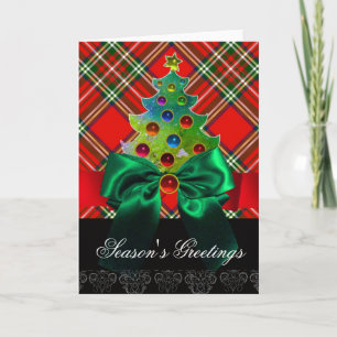 SCOTTISH TARTAN ,RED GREEN BOWS AND CHRISTMAS TREE HOLIDAY CARD