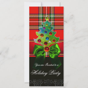 SCOTTISH TARTAN ,RED GREEN BOWS AND CHRISTMAS TREE INVITATION