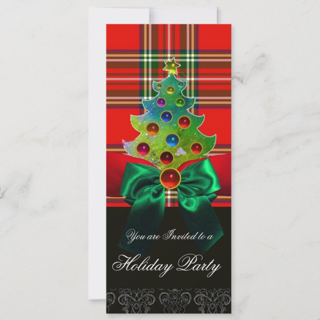 SCOTTISH TARTAN ,RED GREEN BOWS AND CHRISTMAS TREE INVITATION (Front)