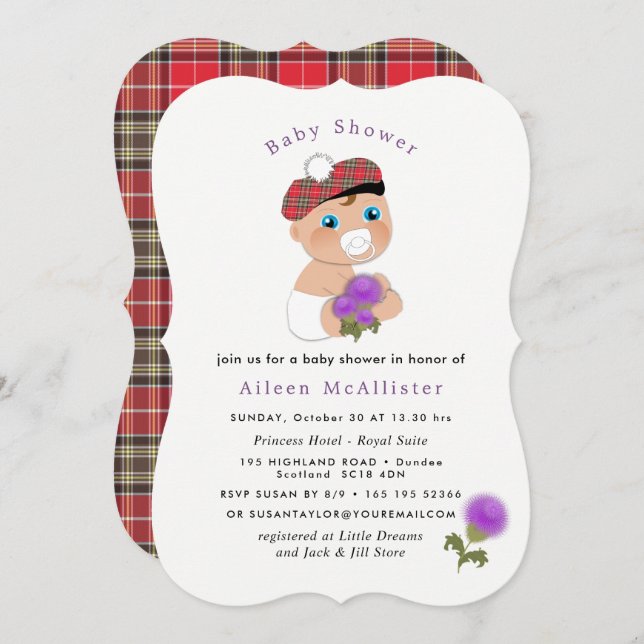 Scottish Tartan |Thistle Flower Cute Baby Shower Invitation (Front/Back)