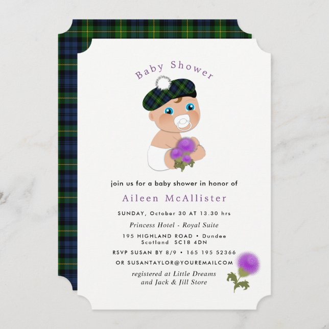 Scottish Tartan Thistle Flower Cute Baby Shower Invitation (Front/Back)