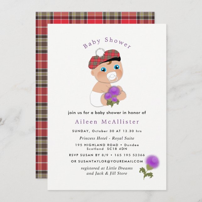 Scottish Tartan |Thistle Flower Cute Baby Shower Invitation (Front/Back)