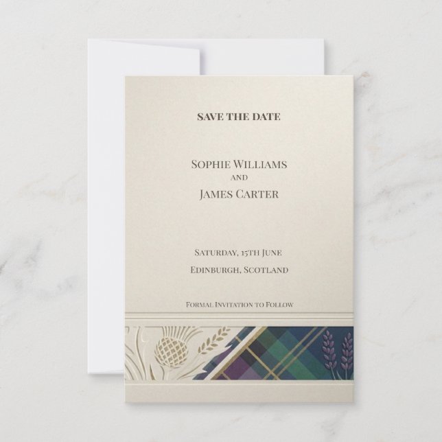 Scottish Tartan Thistle Save the Date Card (Front)