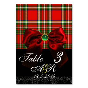 SCOTTISH TARTAN WITH RED BOW MONOGRAM TABLE NUMBER