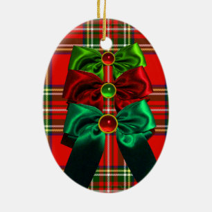 SCOTTISH TARTAN WITH RED GREEN CHRISTMAS BOWS CERAMIC TREE DECORATION