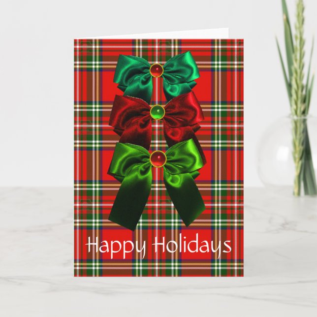 SCOTTISH TARTAN WITH RED GREEN CHRISTMAS BOWS HOLIDAY CARD (Front)