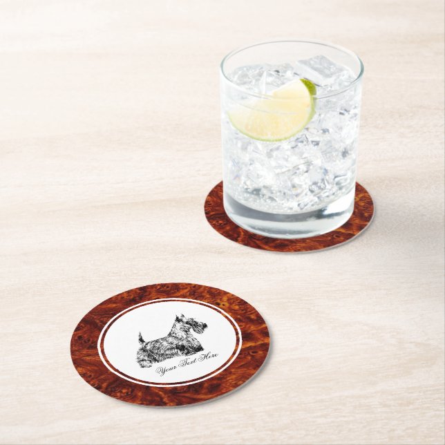 Scottish Terrier and Burl Pattern Personalise Round Paper Coaster (Insitu)