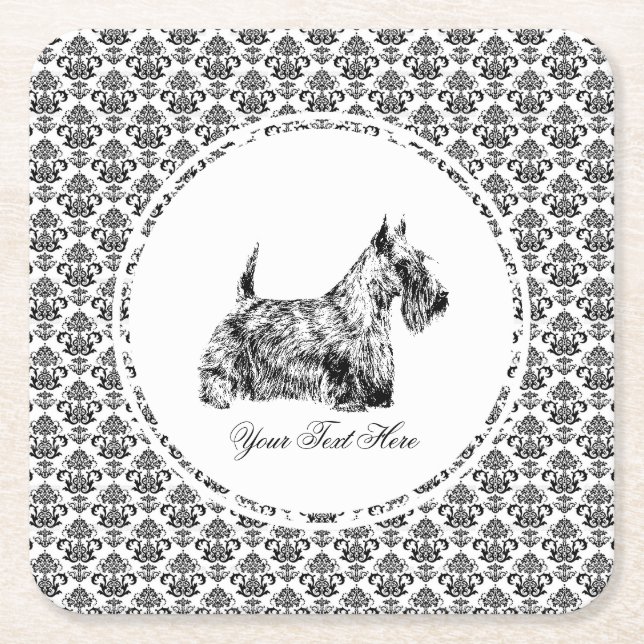 Scottish Terrier and Floral Personalise Square Paper Coaster (Front)