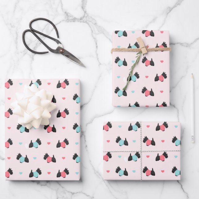 Scottish Terrier and Hearts Wrapping Paper Sheet (Front)