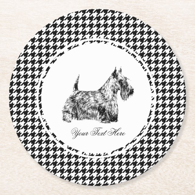 Scottish Terrier and Houndstooth Personalise Round Paper Coaster (Front)