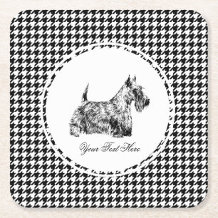 Scottish Terrier and Houndstooth Personalise Square Paper Coaster
