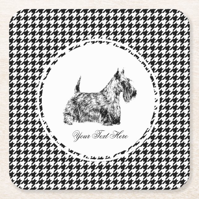 Scottish Terrier and Houndstooth Personalise Square Paper Coaster (Front)