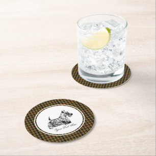 Scottish Terrier and Tweed Pattern Personalise Round Paper Coaster