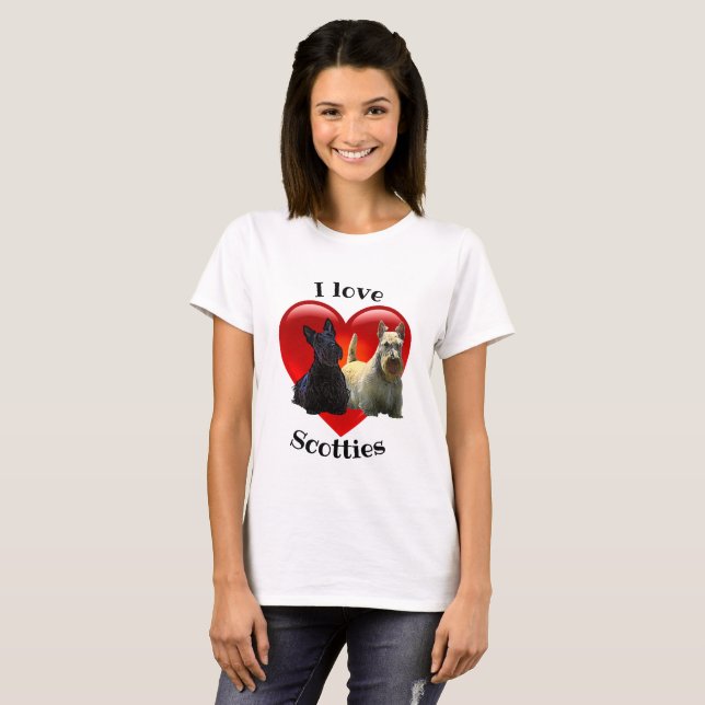 Scottish Terrier black, I Iove Scotties, red heart T-Shirt (Front Full)
