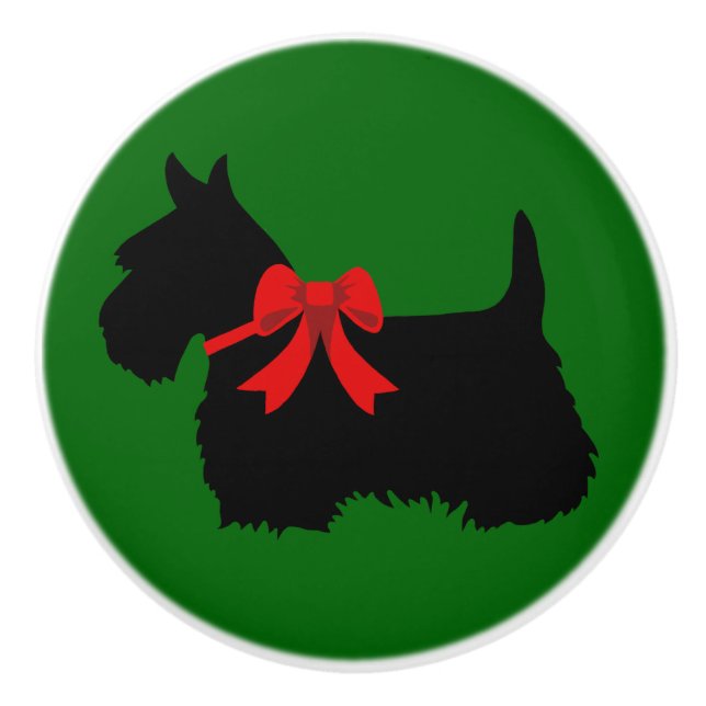 Scottish Terrier black Island green red bow Ceramic Knob (Front)