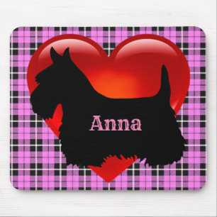 Scottish Terrier black silhouette, pink plaid Mouse Pad