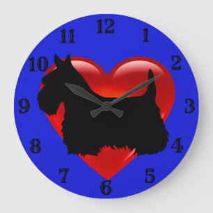 Scottish Terrier black silhouette red heart/blue Large Clock