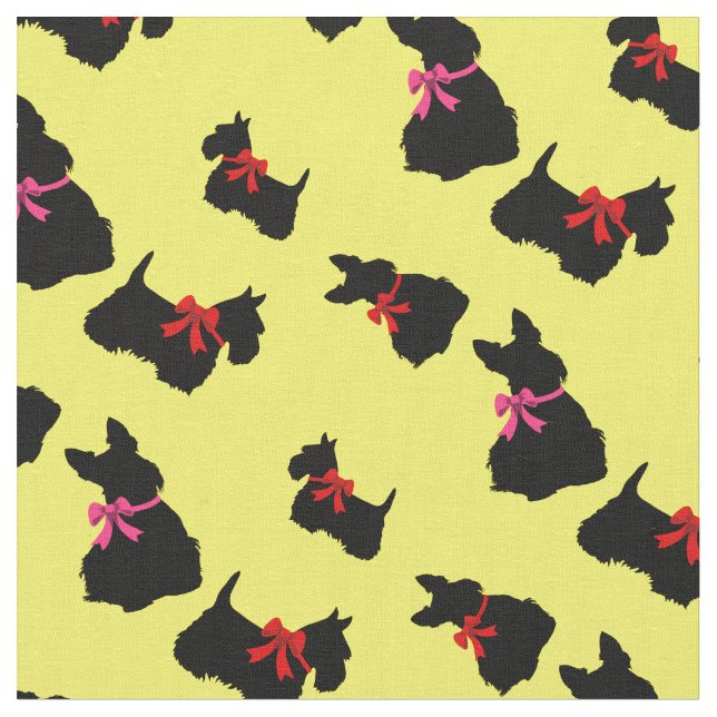 Scottish Terrier black silhouette, red/pink bow Fabric (Close Up)