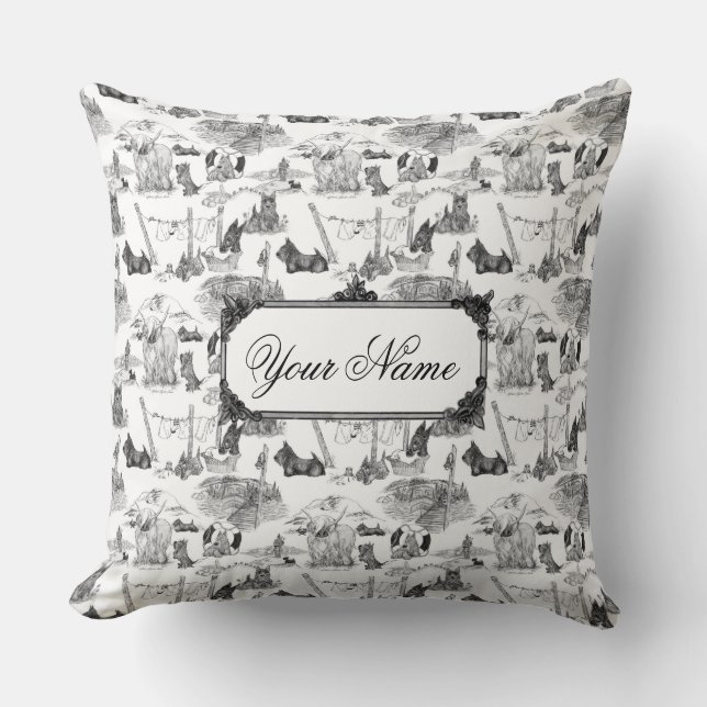 SCOTTISH Terrier Black Toile w/Custom Name Cushion (Front)