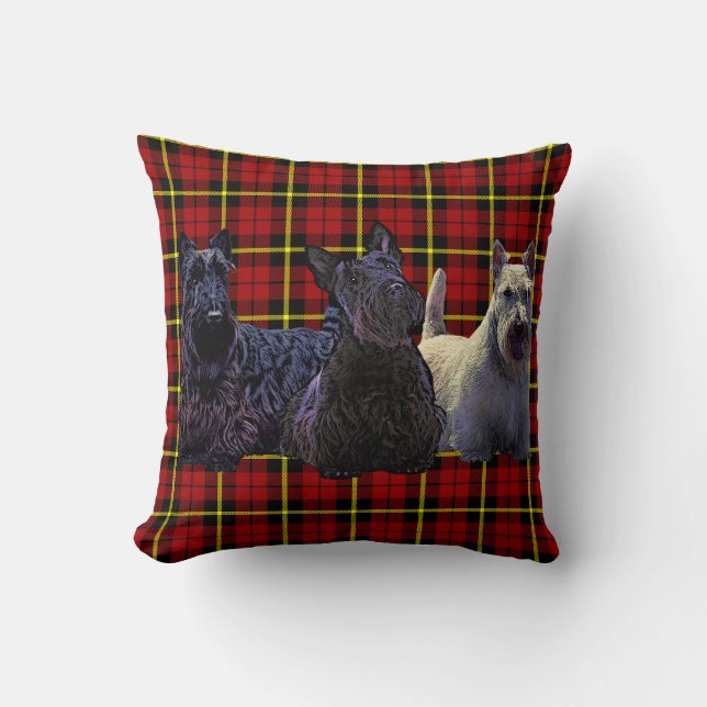 Scottish Terrier black/wheaten, deep red plaid Cushion (Front)