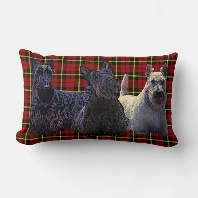 Scottish Terrier black/wheaten, deep red plaid Lumbar Cushion (Front)