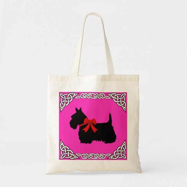 Scottish Terrier black, white cletic braid, bow Tote Bag (Front)