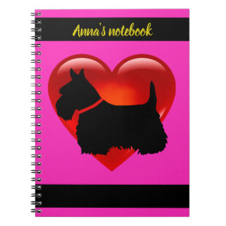 Scottish Terrier black/white silhouette heart/name Notebook
