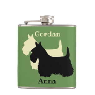 Scottish Terrier black/white silhouette/names Hip Flask