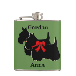 Scottish Terrier black/white silhouette/names Hip Flask