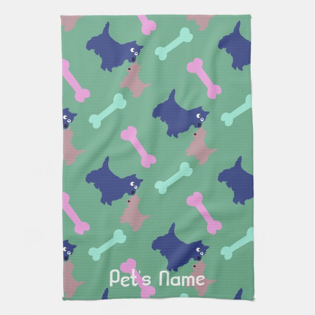 Scottish Terrier Bones Green Personalised Towel (Vertical)