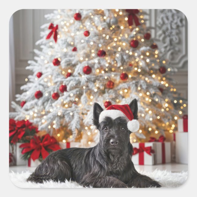 Scottish Terrier By Christmas Tree Square Sticker (Front)