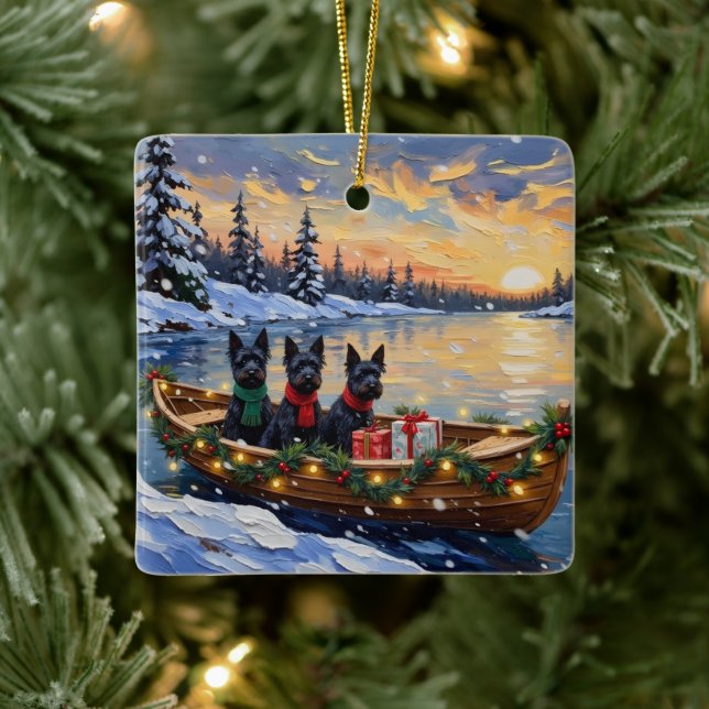 Scottish Terrier Christmas Boat Holiday Ceramic Ornament (Tree)