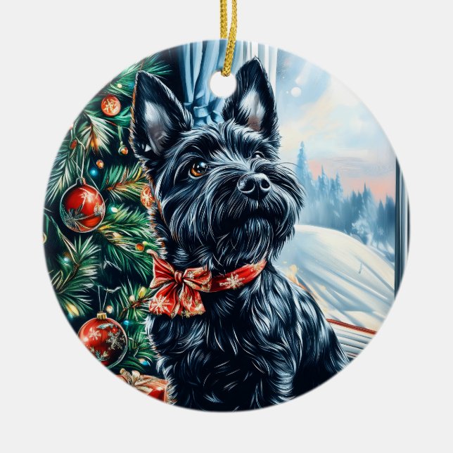 Scottish Terrier Christmas Ceramic Ornament (Front)